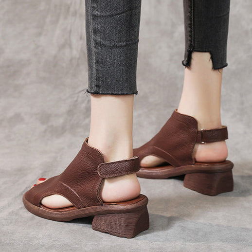 Women's Leather Block Heel Hollow Out Open Toe Sandals