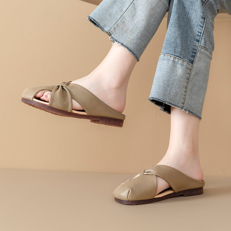 Women's Leather Mules - Closed Round Toe Flat Sandals Casual Slip-On Slides