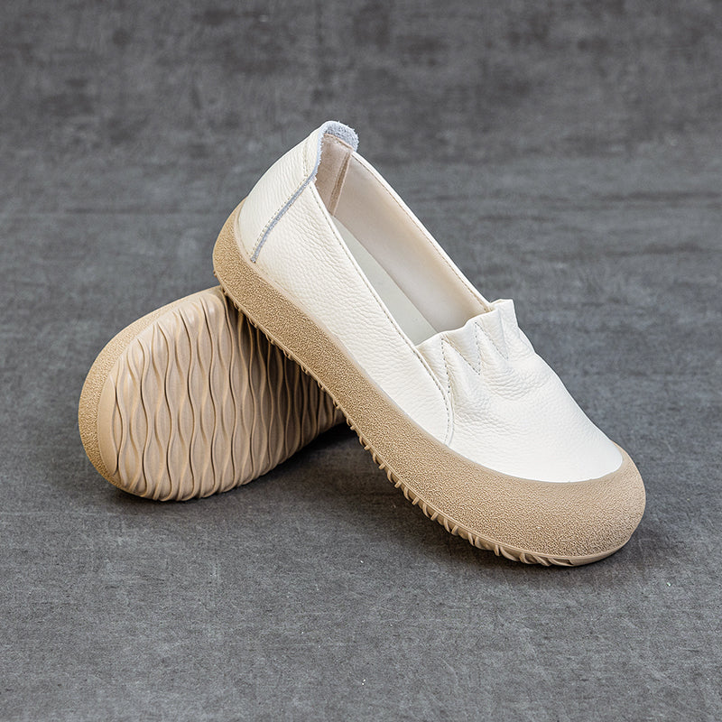 Womens Casual Leather Slip-on Loafers Closed Toe Platform Walking Shoes Anti-Collision