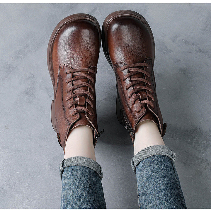 Women’s British Style Leather Lace-Up Ankle Boots – Retro Block Heel Boots