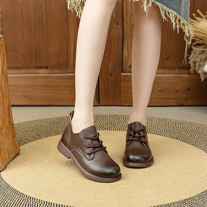 Women's Leather Oxfords - Pebble Grain Textured Round Toe Lace-Up Casual Shoes Comfort Walking Flats