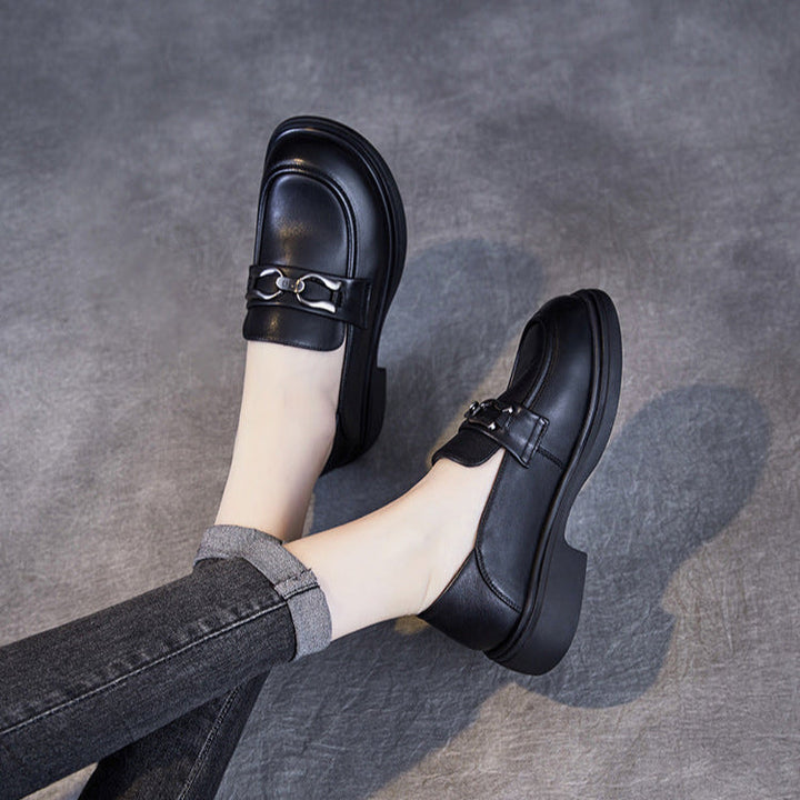 British Luxury Leather Loafers for Women - Signature Chain Detail & Slip-On