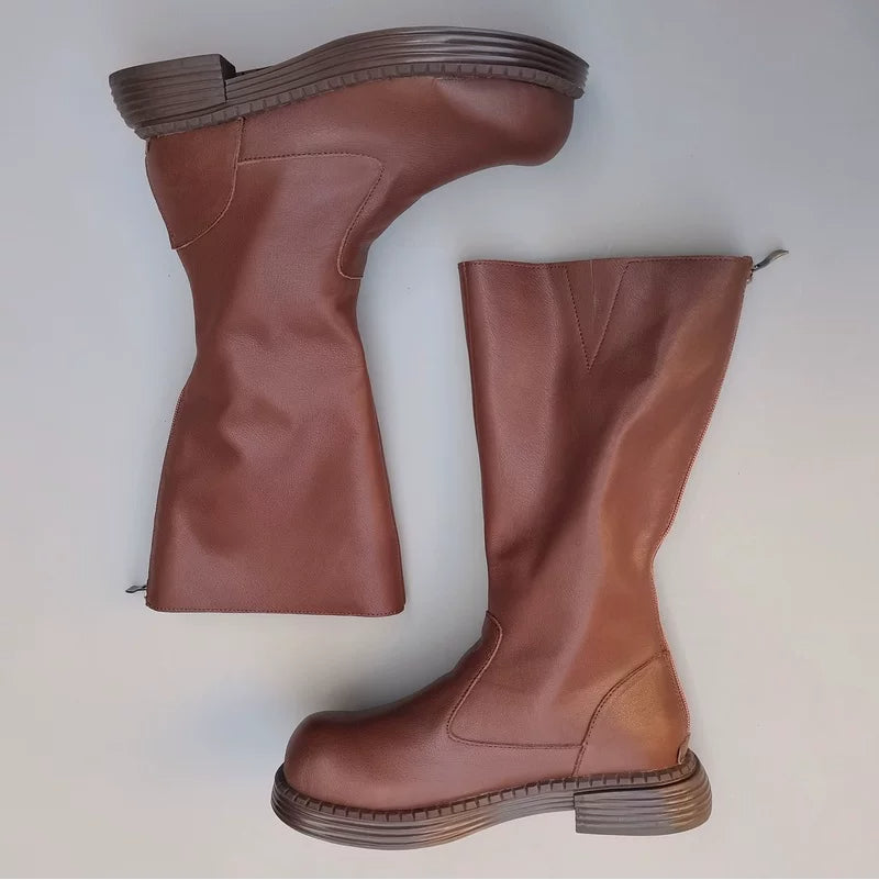 Women's Genuine Cowhide High Boots with Wide Toe Box Warm Lining Winter Style
