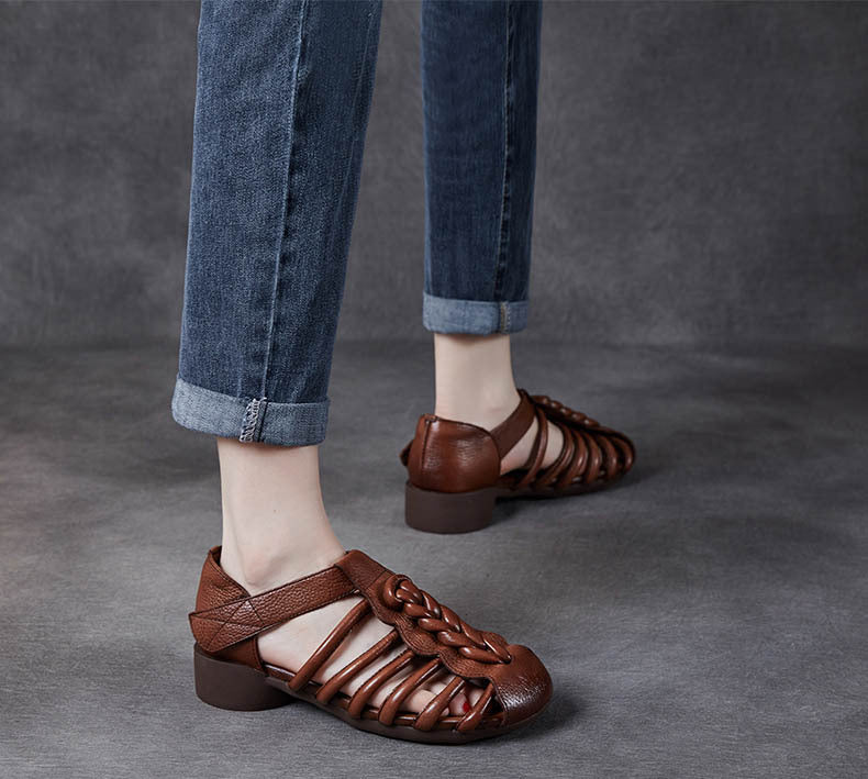 Breathable Leather Summer Sandals for Women - Round Toe Flat Walking Shoes with Velcro Strap