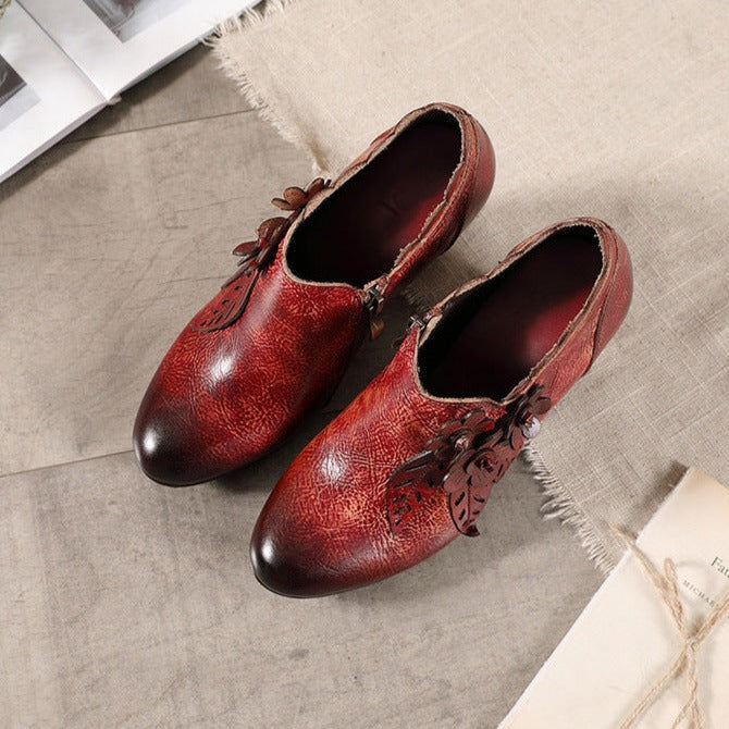 Womens Genuine Leather Heeled Boots Boho Vintage Shoes