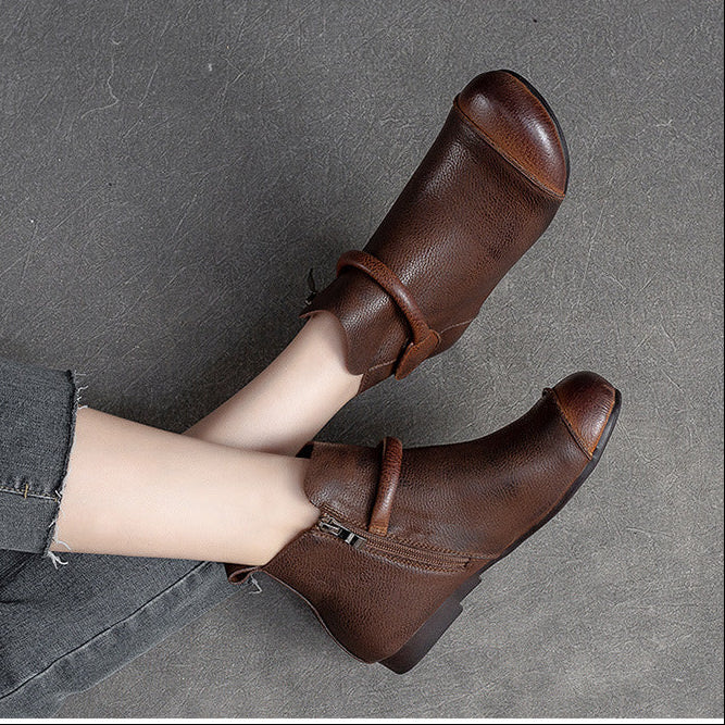 Women's Retro Leather Ankle Boots Vintage Round Toe Velcro Short Booties