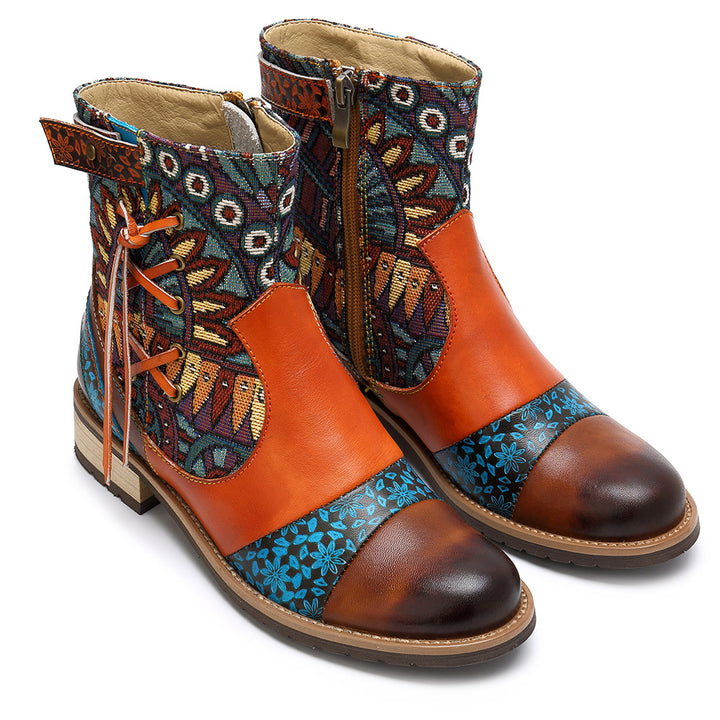 Women's Printed Leather Jacquard Ankle Boots Zipper Non-slip Low Boots