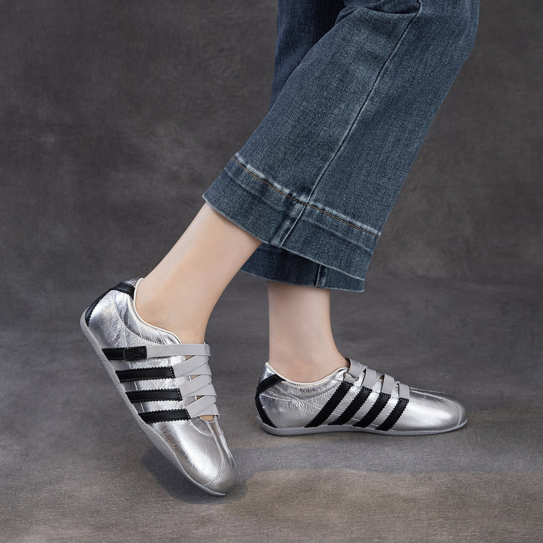 Women's Retro Cowhide Sneakers Vintage Round Toe Strappy Velcro Driving Flats