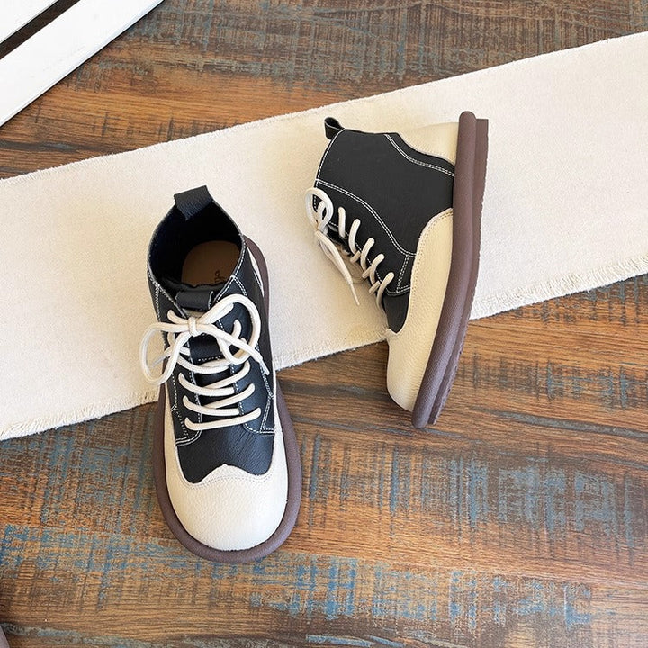 Women's Leather Lace-Up Ankle Shoes – Round Toe & Patchwork Design