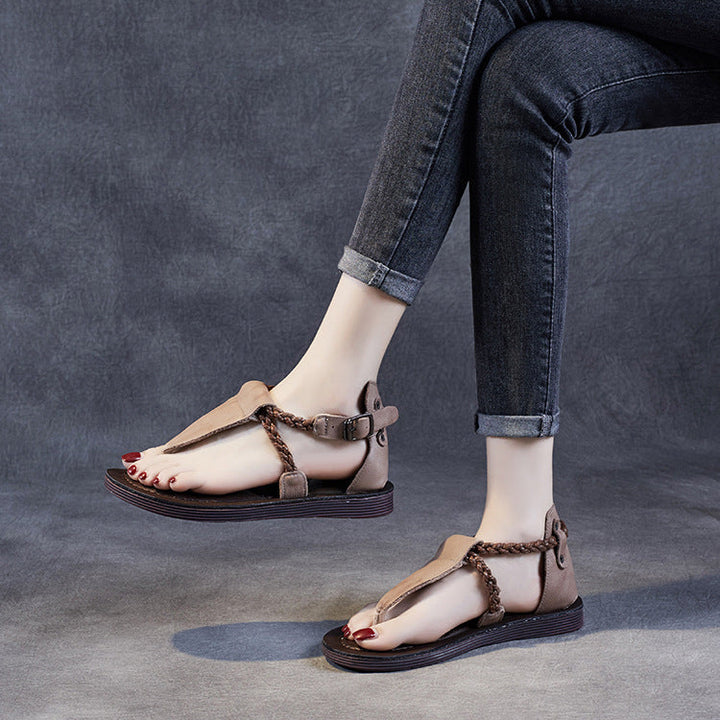 Women's Leather T-Strap Sandals - Vintage Braided Strappy Thong Flat Sandals Summer Buckle Slingback Shoes