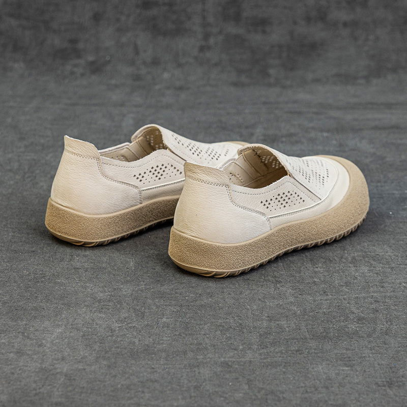 Womens Summer Perforated Leather Slip-on Loafers Breathable Platform Casual Walking Shoes