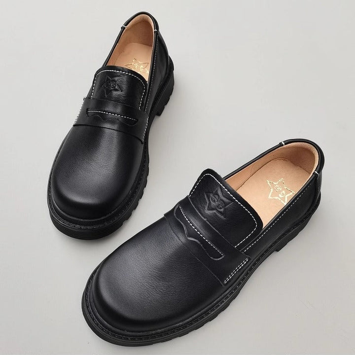 Women's Leather Mid Heel Chunky Loafers – Japanese Style & Non-Slip Sole