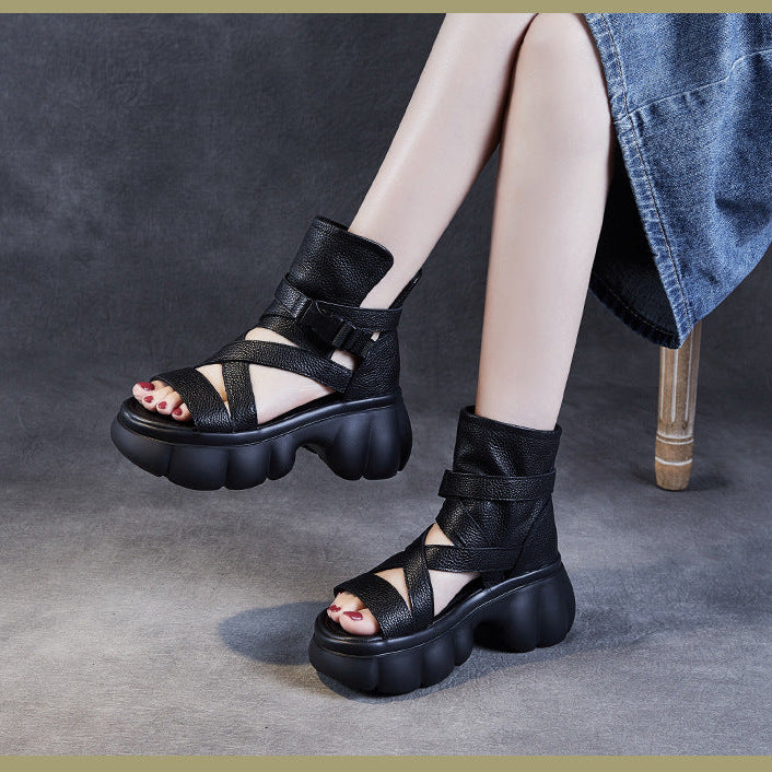 Women's Leather Sandals Boot - Platform Chunky High Heel Gladiator Booties, Elastic Strap Open Toe Summer Shoes