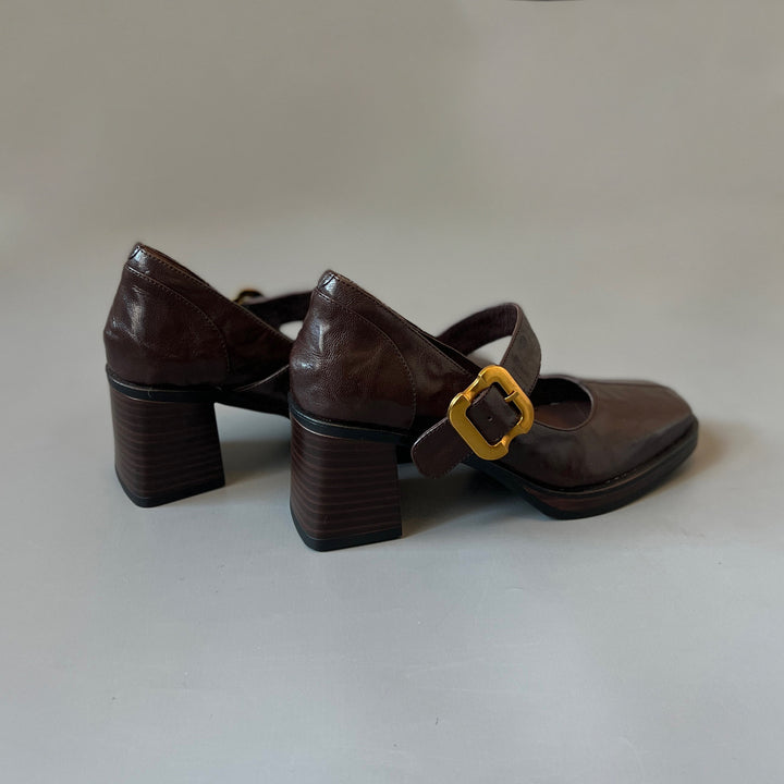 Women's Mary Jane Pumps - Square Toe Gold Buckle High Block Heel Dress Shoes