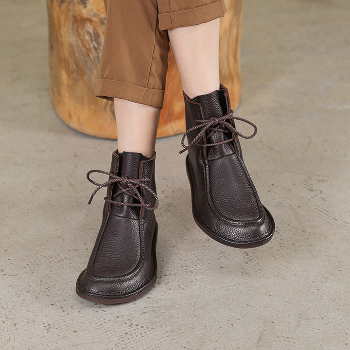 Women's Handmade Vintage Soft Leather Flat Lace-Up Ankle Boots Comfort Fit