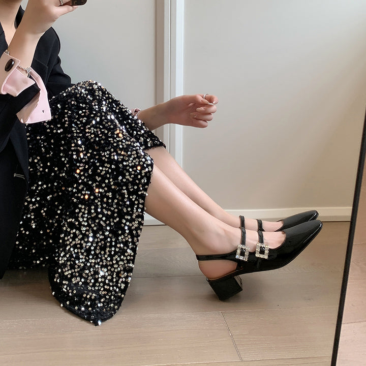 Womens Rhinestone Buckle Square Toe Slingback Pumps Heels