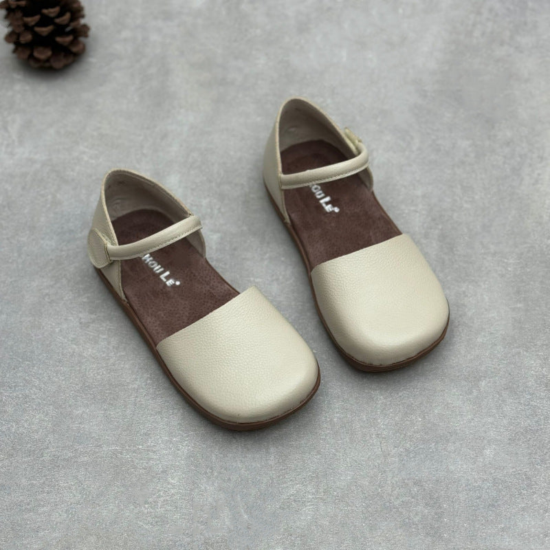 Women’s Retro Leather Closed Toe Sandals – Soft Flat Single Strap Casual Style