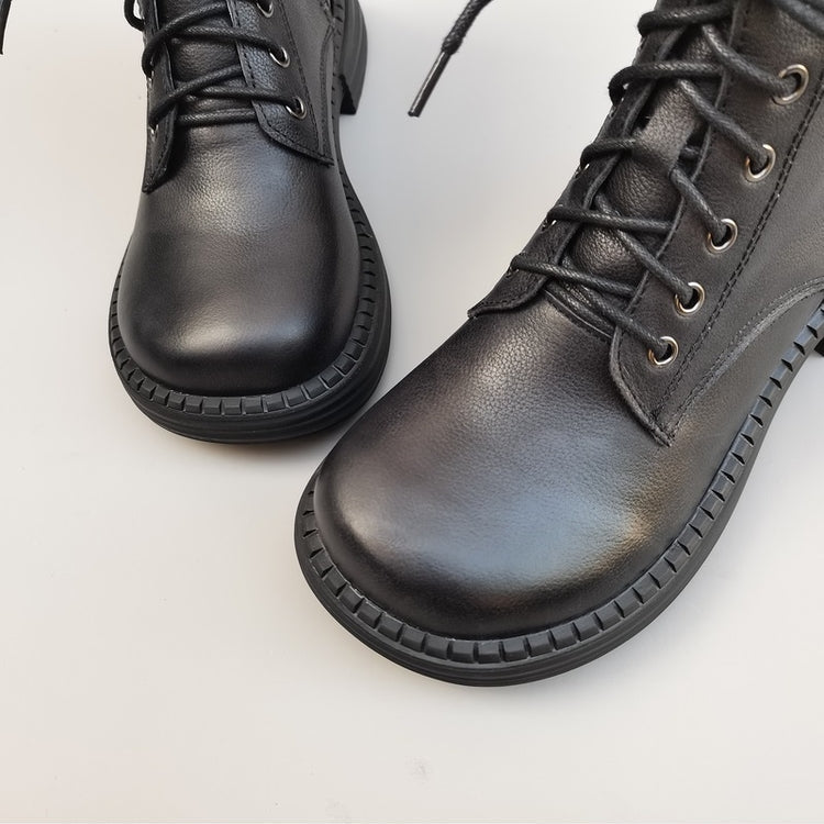 Women's Vintage Wide Toe Leather Shearling Boots – Cozy Winter Ankle Style