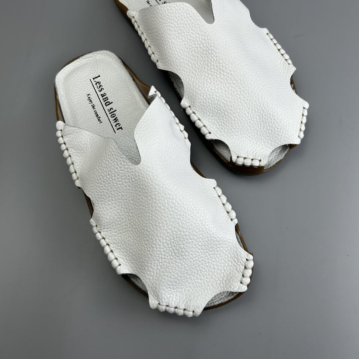 Women's Leather Mules - Soft Hand-Stitched Pebble Grain Flat Sandals Casual Summer Slip-On Slides