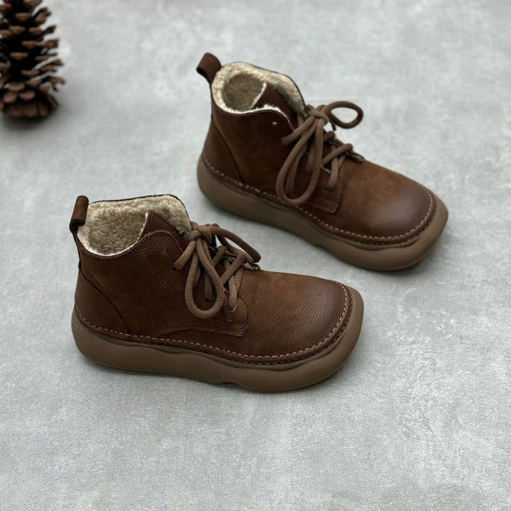 Retro Style Women's Soft Leather Ankle Boots – Platform Lace-Up Short Boots