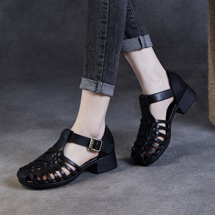 Women's Leather Fisherman Sandals - Vintage Interlocking Woven Closed Mid Block Heel Shoes with Buckle