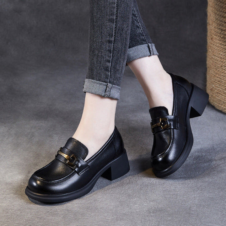 Women's Genuine Leather Loafers – Mid Heel Slip-On Shoes with Metal Accent