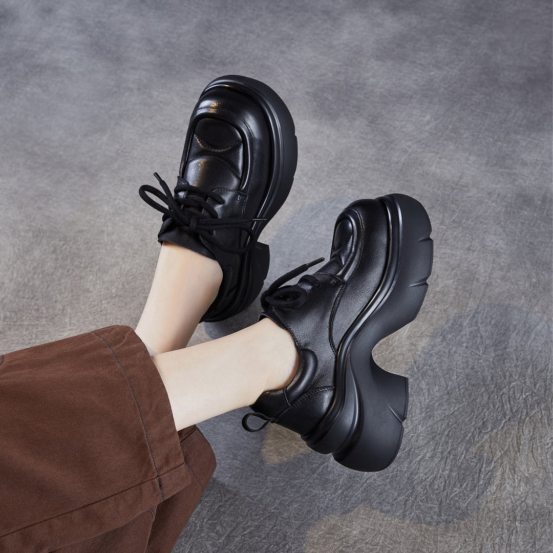 Women's Platform Genuine Leather Oxfords High Chunky Heel Lace Up Casual Shoes