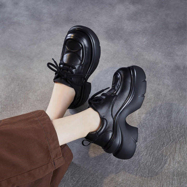 Women's Platform Genuine Leather Oxfords High Chunky Heel Lace Up Casual Shoes