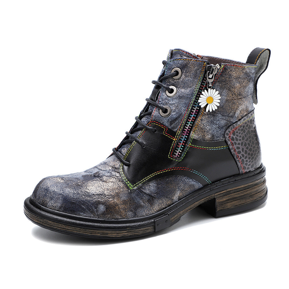 Floral Print Combat Boots for Women - Leather Lace-up Booties with Side Zipper