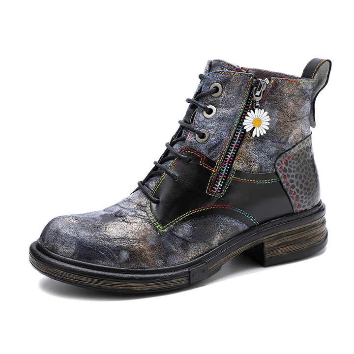 Floral Print Combat Boots for Women - Leather Lace-up Booties with Side Zipper