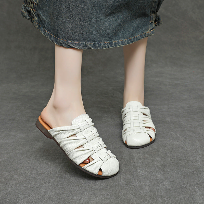 Women's Soft Leather Mules - Ruched Woven Closed Toe Flat Sandals Casual Slip-On Slide Slippers