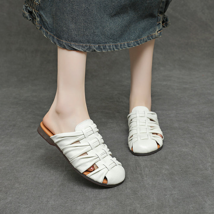 Women's Soft Leather Mules - Ruched Woven Closed Toe Flat Sandals Casual Slip-On Slide Slippers