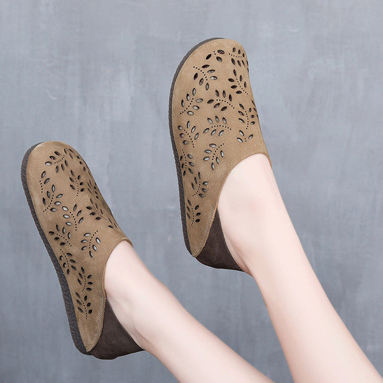 Women's Leather Loafers - Cut-Out Leaf Perforated Flat Sandals Casual Slip-On Summer Shoes