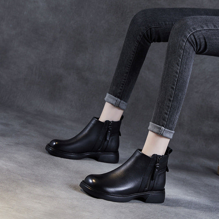 Women's Genuine Leather Casual Ankle Boots – Comfortable Double Zipper Design