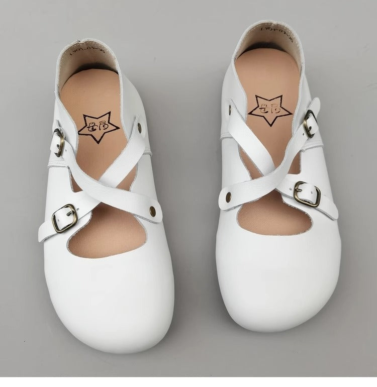 Women's Hidden Wedge Heel Shoes - Handmade Vintage Style with Cross Strap Buckle
