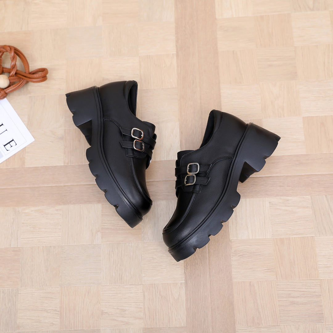 Women's Chunky Platform Loafers - Leather Shoes with EVA Outsole - Double Buckle Detail