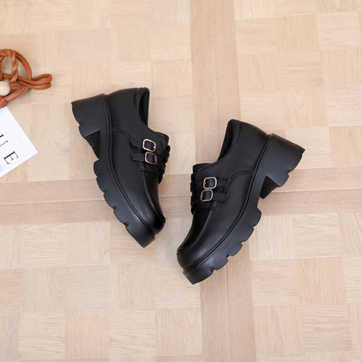 Women's Chunky Platform Loafers - Leather Shoes with EVA Outsole - Double Buckle Detail
