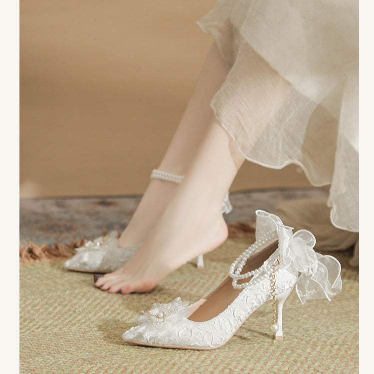 Lace Bow White High Heels Pearl Chain Wedding Party Women's Shoes