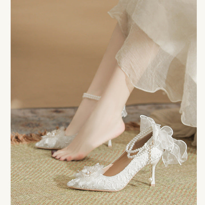 Lace Bow White High Heels Pearl Chain Wedding Party Women's Shoes