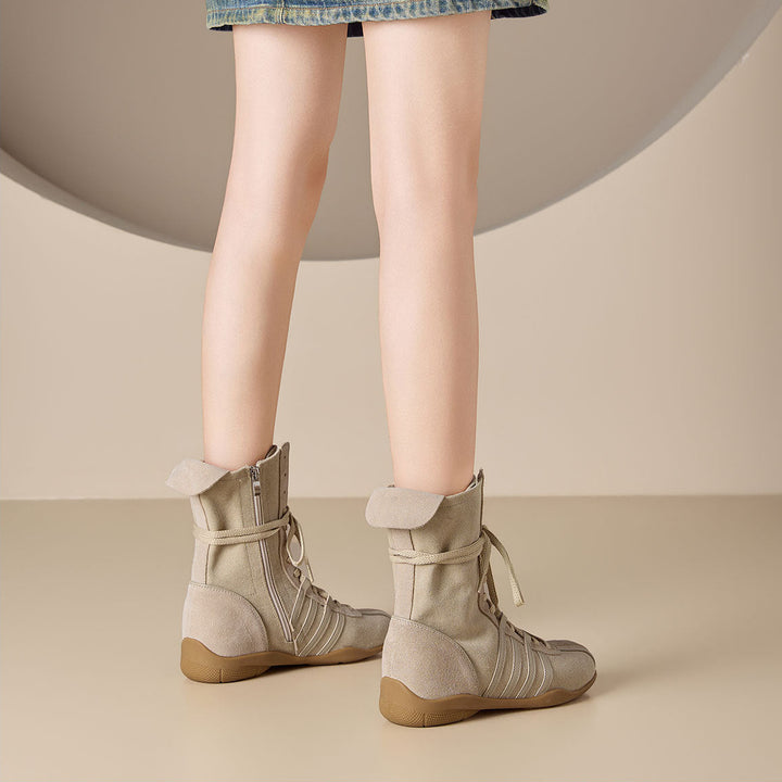 Women's Cow Suede Canvas High Top Sneakers Hidden Wedge Heel Ankle Booties