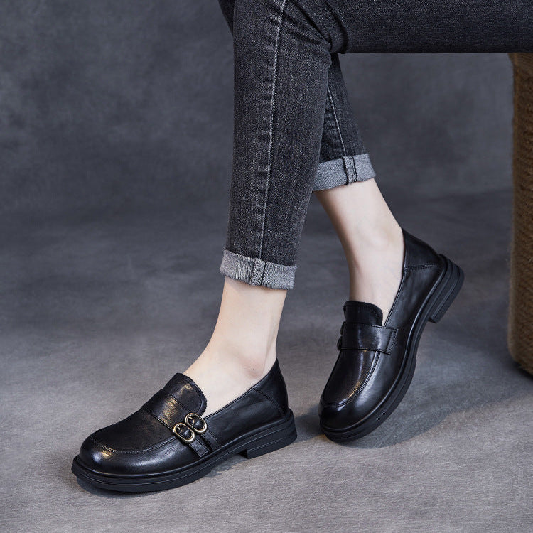 Women’s Leather Slip-On Loafers – Vintage British Low Heel