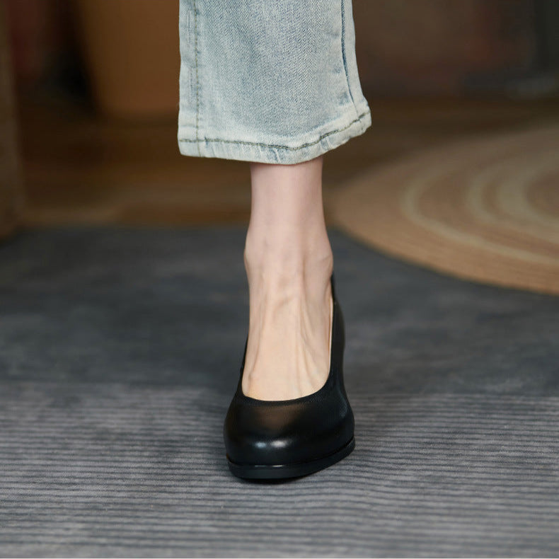 Women's Black Leather Pumps - Low Heel for Office & Business