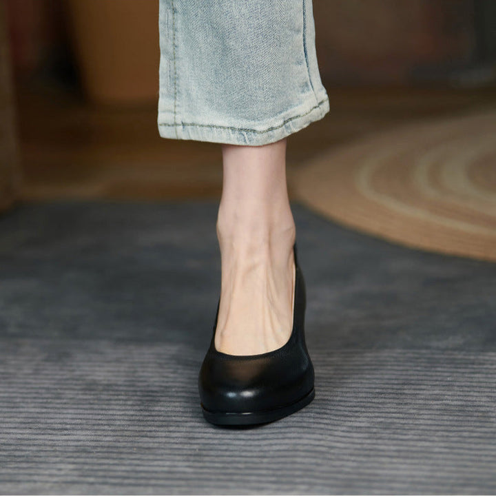 Women's Black Leather Pumps - Low Heel for Office & Business