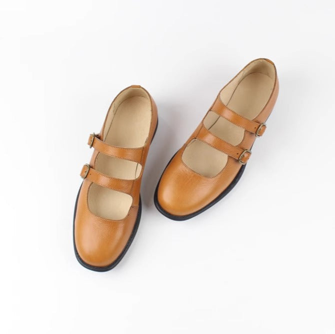 Women's Handmade Leather Classic British Style Double Buckle Mary Jane Shoes