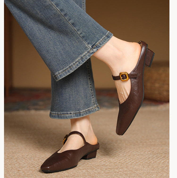Women's Mary Jane Mules - Square Toe Gold Buckle Low Kitten Heel Slides