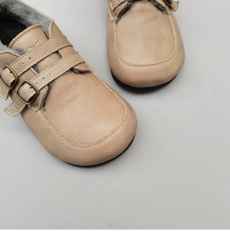 Women's Wide Toe Box Genuine Leather Shearling Lined Loafers Wide Toe Slip On Warm Winter Shoes