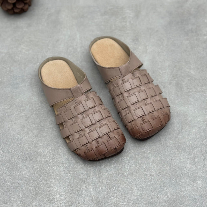 Women's Artisanal Square Toe Leather Woven Mules - Lightweight Unlined Flats