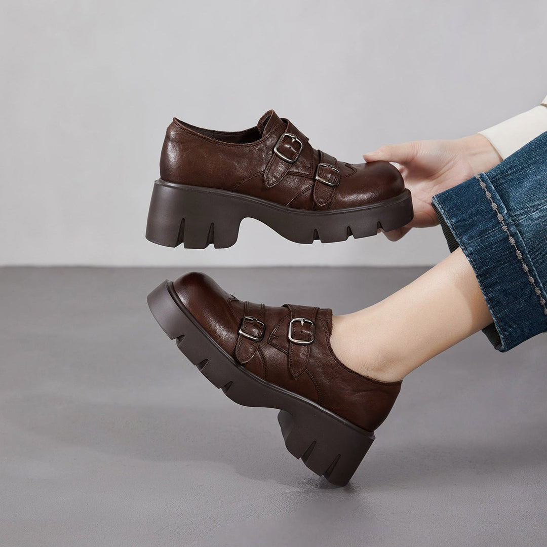 Women’s Retro Round Toe Derby Shoes – British Style Platform Loafers with Buckle