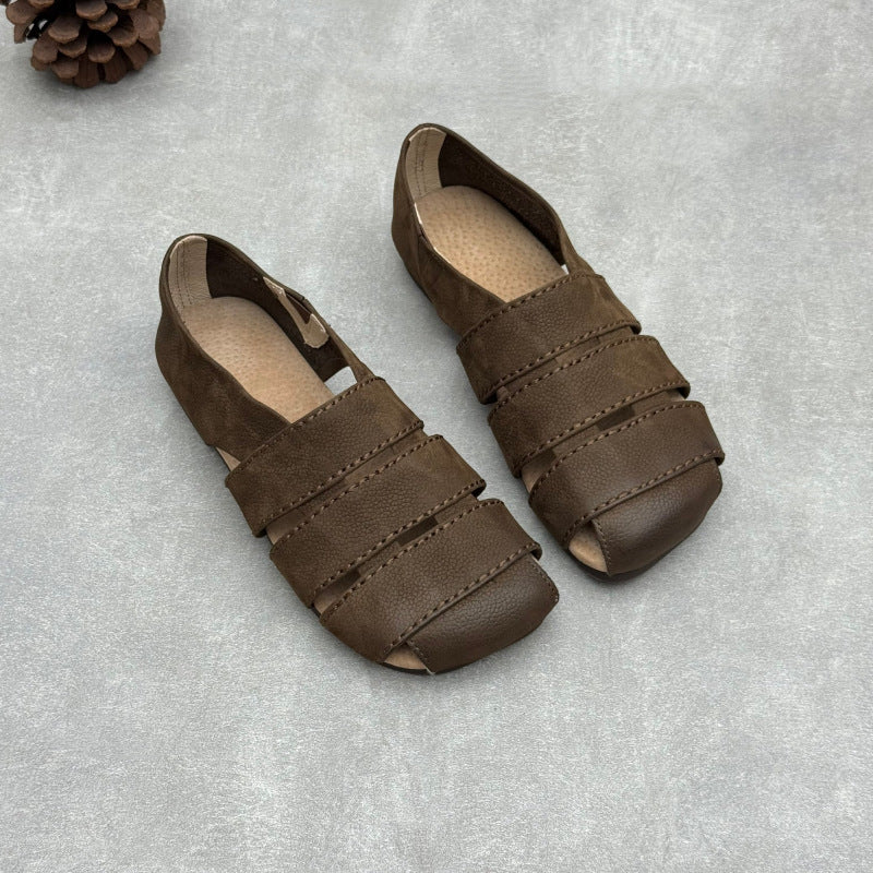 Women's Leather Hollow-Out Fisherman Sandals Casual Summer Retro Square Toe Shoes