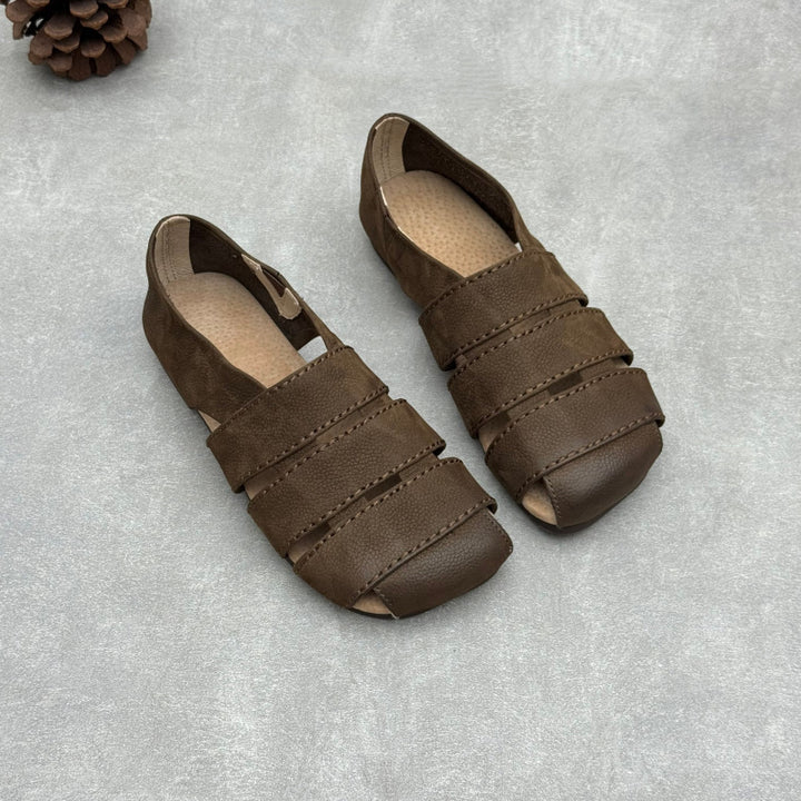 Women's Leather Hollow-Out Fisherman Sandals Casual Summer Retro Square Toe Shoes